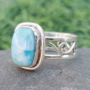 925 Sterling Silver,Larimar Gemstone,Square Stone Ring, Engagement Ring, Handmade Gemstone Ring, Christmas Gift,Dainty Ring, Anxiety Ring,