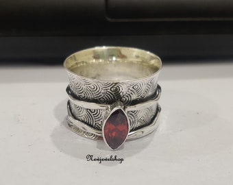 Garnet Ring, Spinner Ring, 925 Sterling Silver, Fidget Ring, Anxiety Ring, Texture Ring, Meditation Ring, Women Ring, Gift For Her