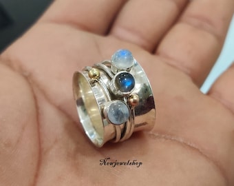 Moonstone Ring, Labradorite Ring, Spinner Ring, 925 Sterling Silver, Hammered Wide Rig, Meditation Ring, Worry Ring, Gift For Her