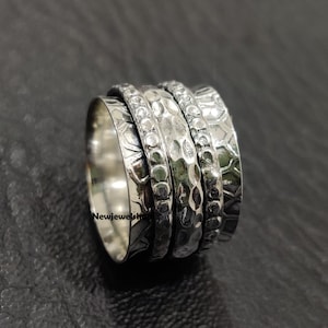 925 Sterling Silver Spinner Ring, Meditation Ring,Hammered Wide Ring,  Worry Ring, Gift For Her, Designer Ring,