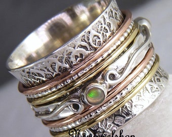 Opal Ring, Spinner Ring, 925 Sterling Silver, Anxiety Ring, Fire Opal Ring, Fidget Ring,  Meditation Ring, Texture Ring, Gift For Her
