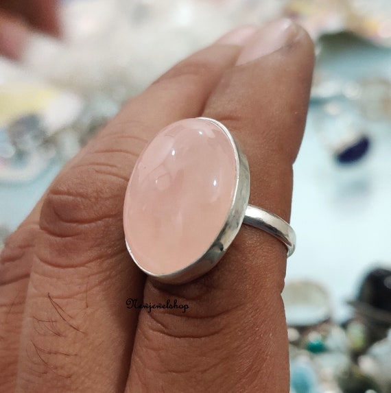 Bague Quartz Rose Et Argent 925 Faite Main - Taille Réglable (taille 9) - Cadeau Femme - Neuf