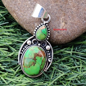 Genuine Green Copper Turquoise Pendant, 925 Sterling Silver Pendant, Designer Rectangle Pendant, Bar Stone Pendant, Handmade Pendant,Brides,