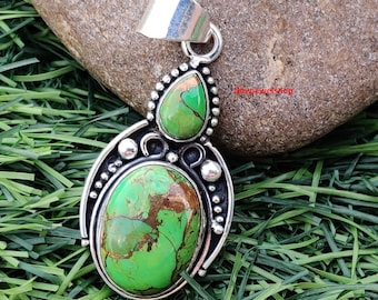 Colgante de turquesa verde cobre auténtica, colgante de plata de ley 925, colgante rectangular de diseño, colgante de piedra en barra, colgante hecho a mano, novias,