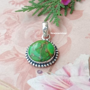 Green Copper Turquoise Pendant, 925 Sterling Silver Pendant, Meditation Pendant, Designer Rectangle Pendant, Bar Stone Pendant, Handmade