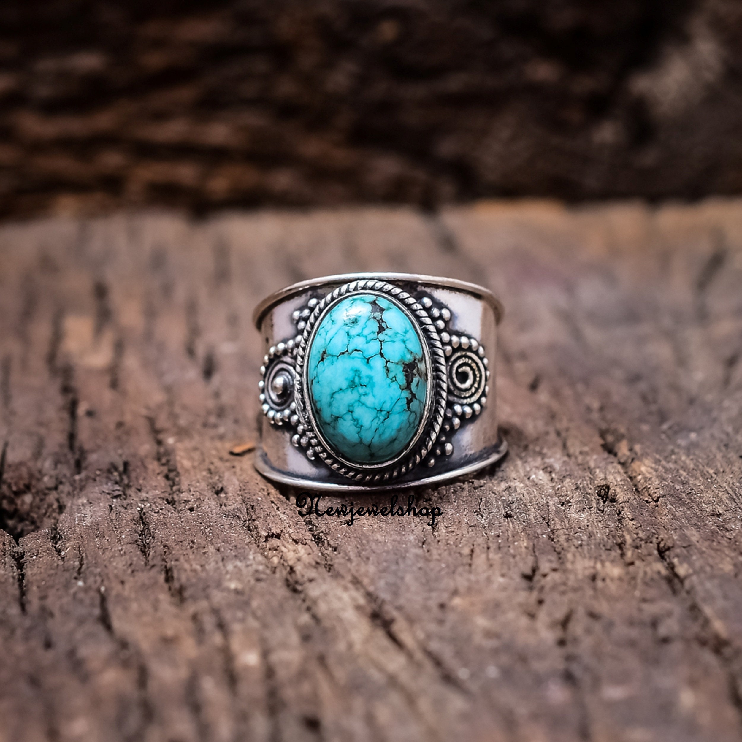 ターコイズ 925 スターリングシルバー バンドリング：ボヘミアン
