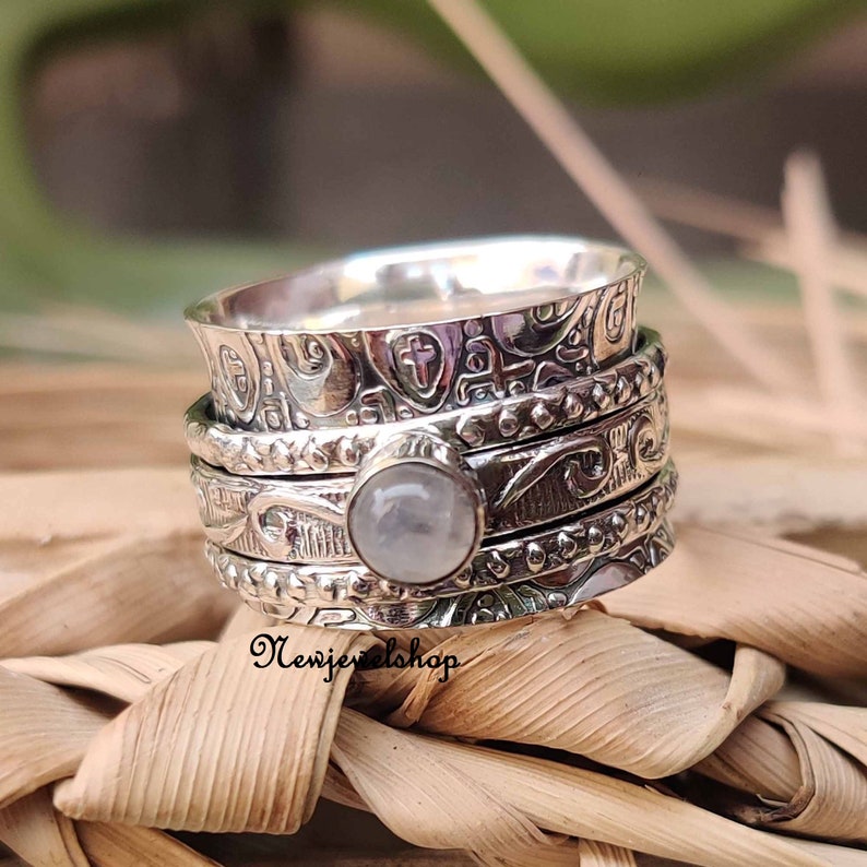 Moonstone Ring, Spinner Ring, 925 Silver Ring, Handmade Ring, Meditation Ring, Designer Ring, Texture Ring, Women Ring, Gift For Her image 3