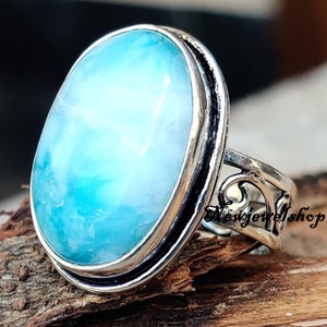 Larimar Band Ring, 925 Sterling Silver, Anniversary Ring , Silver Ring, Gemstone  Ring , Silver Jewelry Meditation Ring Gift For Her++