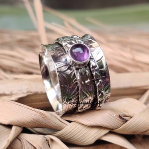 Amethyst Ring, Spinner Ring, 925 Silver Ring, Handmade Ring, Meditation Ring, Amethyst Jewelry, Texture Ring, Women Ring, Gift For Her
