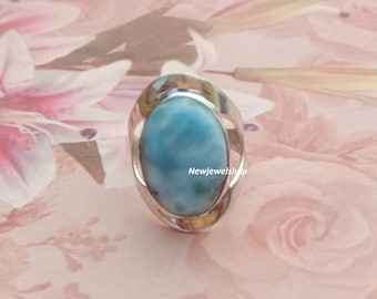 925 Sterling Silver, Genuine Larimar Ring, Empowerment Ring, Confidence, Wealth Oval Shape, Brides Ring, Astrological Ring, Meditation Ring,