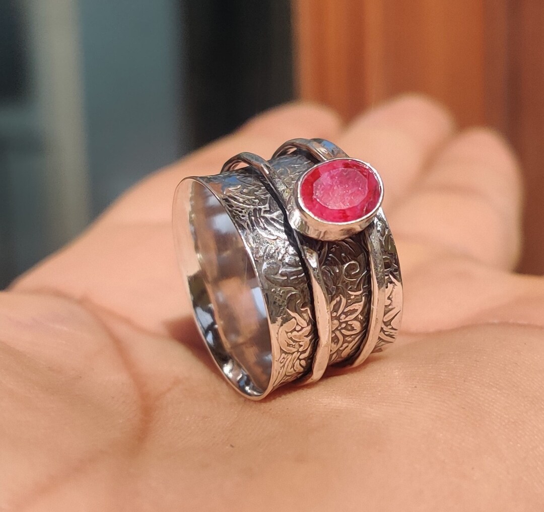 Rubymotion Spinner Rings Ruby Ring, Spinner Ring, 925 Sterling Silver,hammered Wide Ring ...
