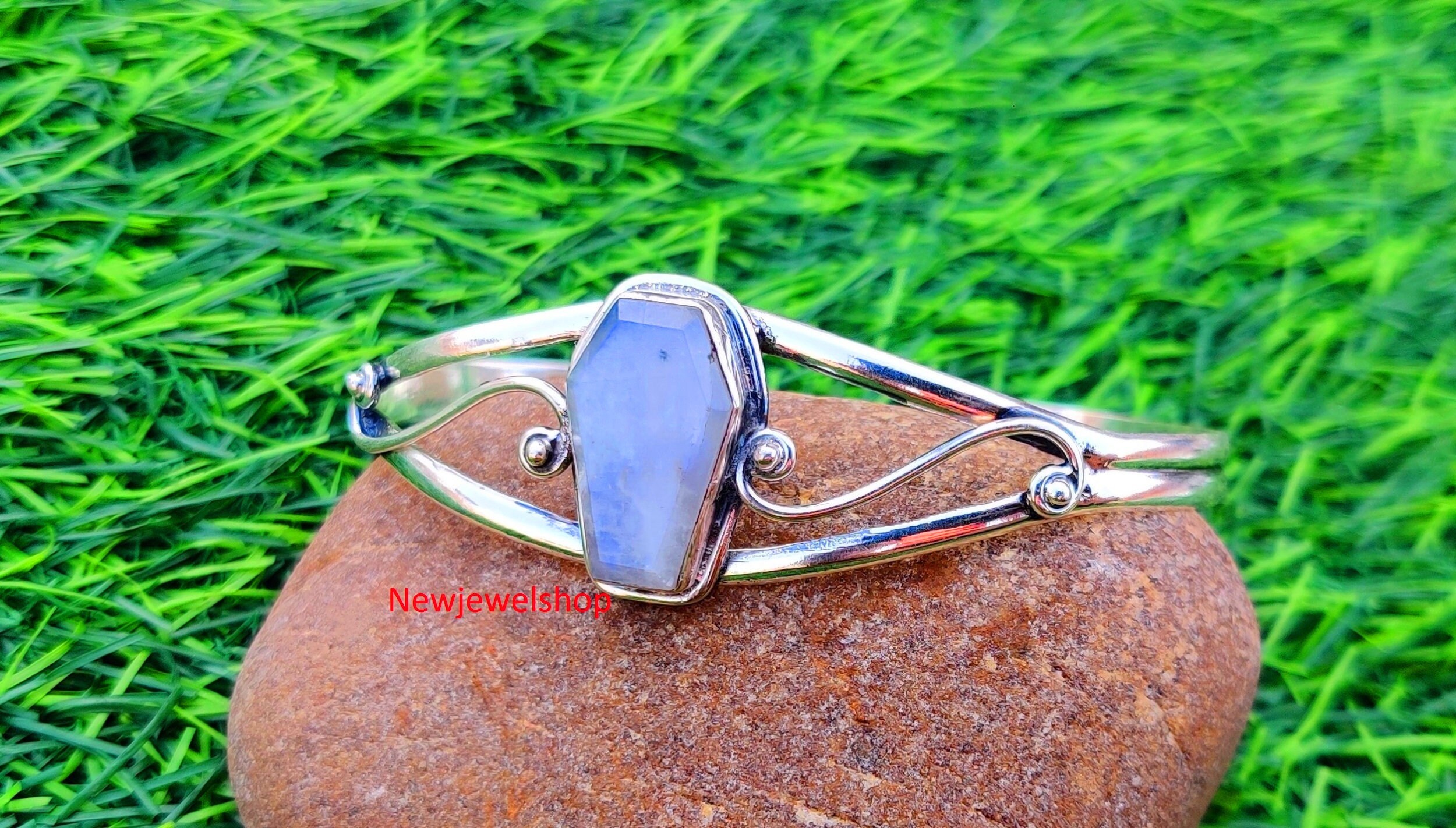Genuine Moonstone Bangle, Pure Sterling Silver, Handmade Jewelry,Coffin Shape, Meditation Bangle, Amazing Jewelry, Occasion Gift, Designer,