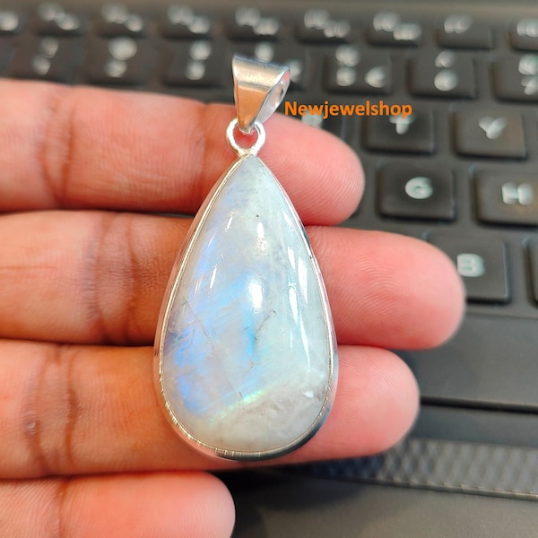 Amazing Rainbow Moonstone Pendant Sterling Silver Pendant Pear Stone Pendant Statement Vintage Pendant Healing Gift For Her June Birthday