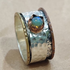 Opal Ring, Spinner Ring, Handmade Ring, Meditation Ring, Natural Stone, Designer Ring, Corner Brass &Copper