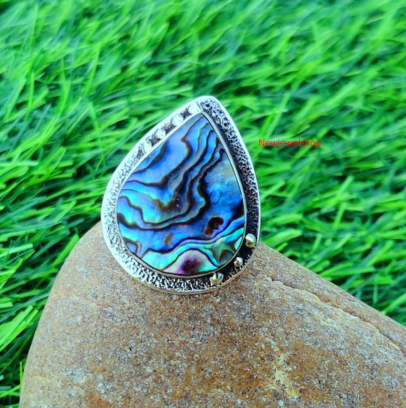 Bague en argent sterling avec coquillages d'ormeau : bijoux bohèmes oxydés réglables - France