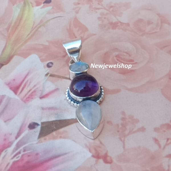 Natural Amethyst, Natural Moonstone Pendant, Sterling Silver Pendant Pear & Oval Shape Stone ,Meditation Pendant, Statement Vintage Pendant,