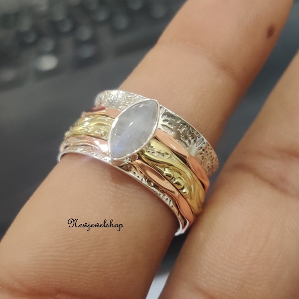 Moonstone Ring, Spinner Ring, 925 Sterling Silver, Handmade Ring, Brass Spinner, Copper Spinner, Gemstone Ring,  Anxiety Ring, Gift For Her