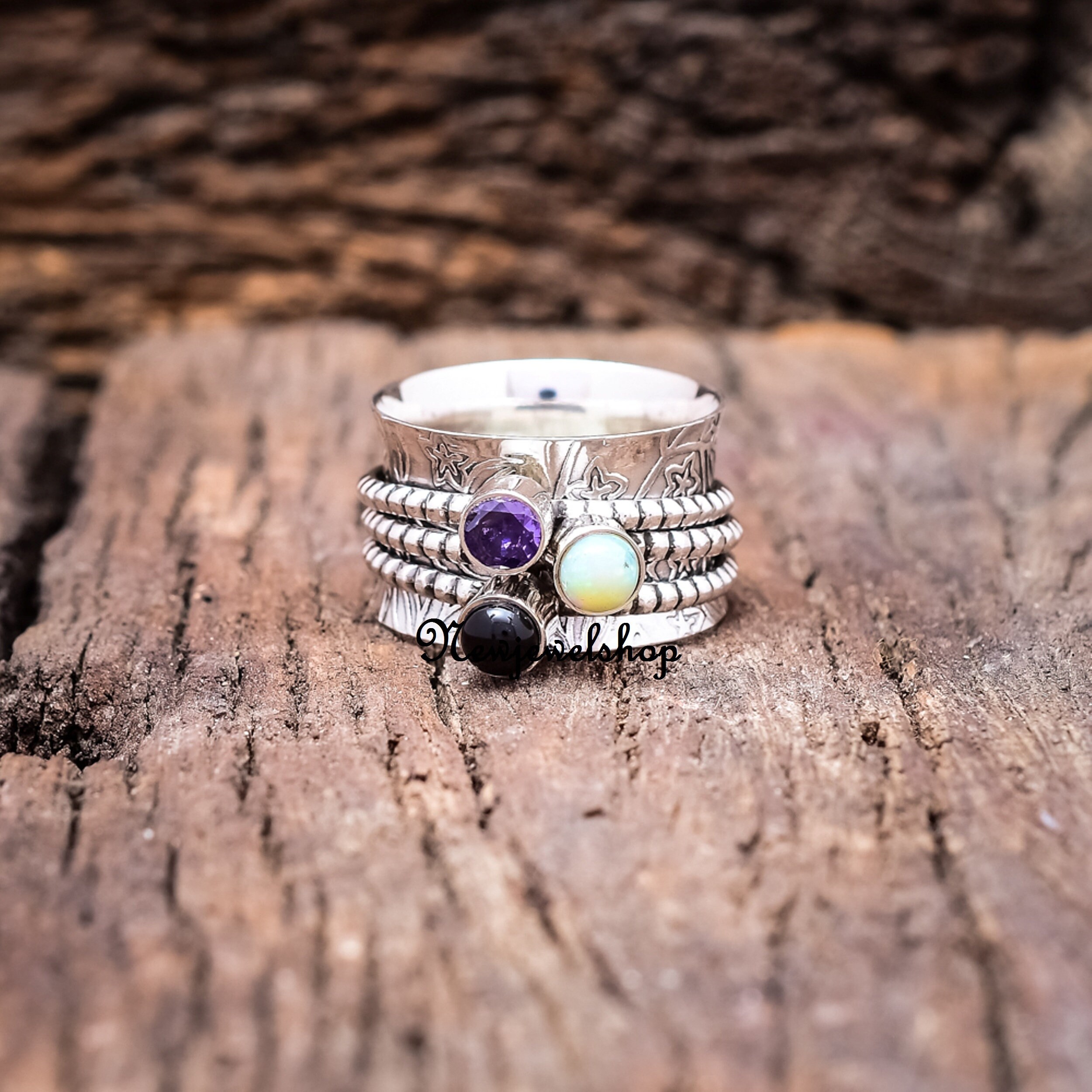Black Onyx Ring, Spinner Ring, Amethyst Ring, Fire Opal Ring, 925