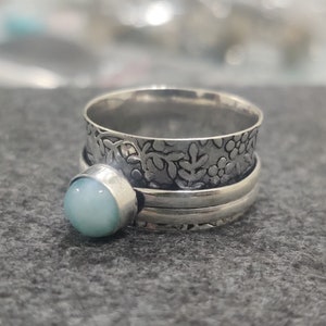 Larimar Ring, Spinner Ring, 925 Sterling Silver, Larimar Spinner Ring, Three Tone Band, Worry Ring, Handmade Ring, Women Ring, Gift For Her