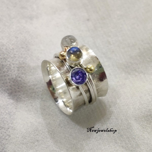 Moonstone Ring, Labradorite Ring, Amethyst Ring,Spinner Ring,925 Sterling Silver, Three Tone Spinner, Meditation Ring,Worry Ring, Women Ring