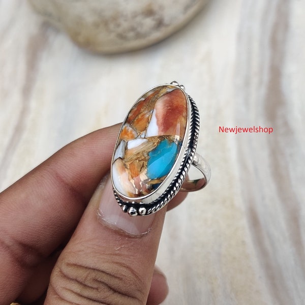 Auténtica turquesa de cobre ostra, plata de ley pura, forma ovalada, anillo hecho a mano, anillo bohemio, anillo llamativo, anillo de piedras preciosas, anillo de turquesa,