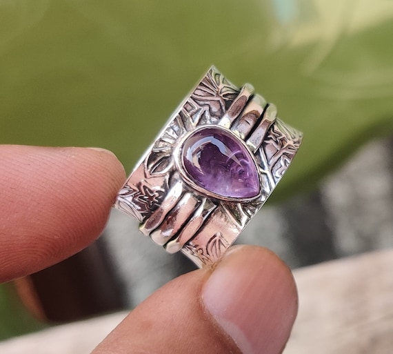 Bague Boho En Argent 925 Avec Améthyste Violette Naturelle - Bijou Fait Main - Neuf Sans Boîte