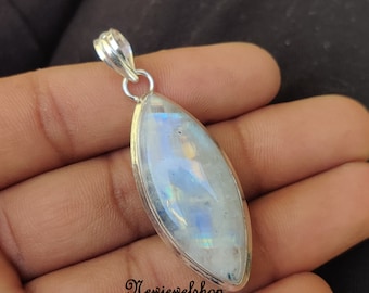 Collar de piedra lunar arcoíris natural de alta calidad, collar con forma de marquesa, collar de plata maciza de ley 925 para niñas, regalo para ella.