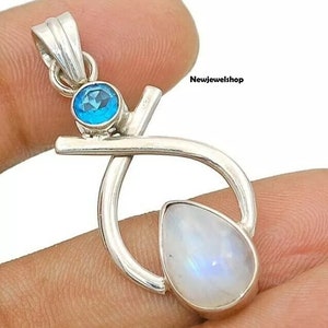 Moonstone with Blue Topaz Pendant, 925 Silver Pendant, Statement Pendant, Boho Pendant, Gemstone Pendant, Handmade Pendant, Women Pendant