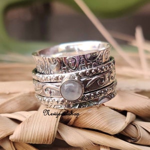 Moonstone Ring, Spinner Ring, 925 Silver Ring, Handmade Ring, Meditation Ring, Designer Ring, Texture Ring, Women Ring, Gift For Her image 7