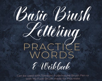 May include: A digital download for a brush lettering practice workbook. The cover features a dark blue background with gold text that reads "Basic Brush Lettering Practice Words E-Workbook". The text "abhay CALLIGRAPHY" is in a pink circle at the bottom of the image.