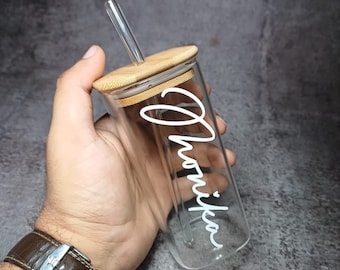 Personalised Glass Tumbler with Wooden lid & Glass Straw