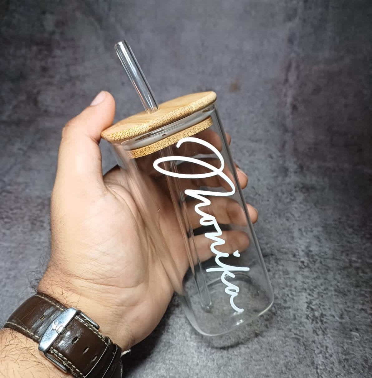 Personalised Glass Tumbler With Wooden Lid & Glass Straw 