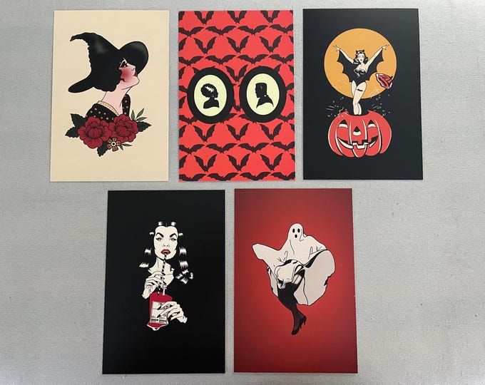 Featured listing image: Halloween Post Card Pack, Original Artwork, 5 Designs, Pretty Witch, Bride of Frankenstein