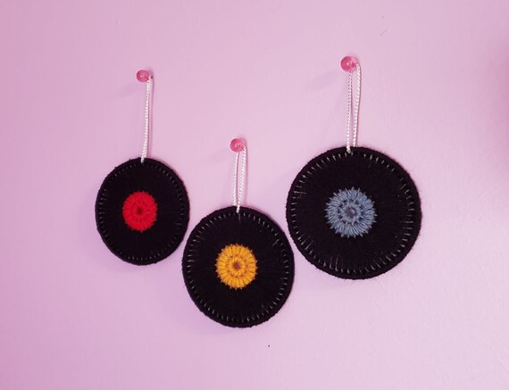 Hand-Stitched Vinyl Record Ornaments – Retro Yarn Fiber Art – Set of 3