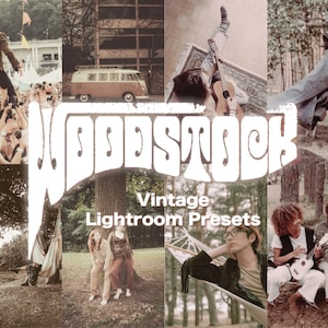 May include: A collage of images with a vintage aesthetic featuring a group of people, a van, a guitar, a hammock, and a forest. The text "Woodstock Vintage Lightroom Presets" is superimposed over the images.