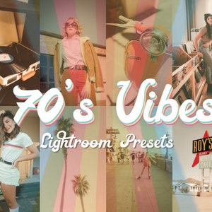 May include: A collage of images with a retro 70s theme. The images include a vintage record player, a woman wearing a brown jacket and jeans, a scooter, a woman standing in a record store, and a motel sign. The text "70's Vibes Lightroom Presets" is in the centre of the collage.