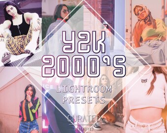 Puede incluir: Un collage de imágenes con personas que llevan ropa de los años 2000, con el texto "Y2K 2000's Lightroom Presets Curated Aesthetics" en el centro.
