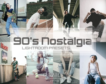 Puede incluir: Un collage de nueve imágenes que muestran a varias personas con ropa y accesorios casuales. Las imágenes están dispuestas en una cuadrícula con el texto "90's Nostalgia Lightroom Presets" y "CURATED AESTHETICS" en el centro.