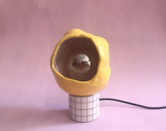 CERAMIC TABLE LAMP, Sculptural Small Bedside Lamp, Yellow Decorative Minimalist Organic Lighting, House Decor Gift