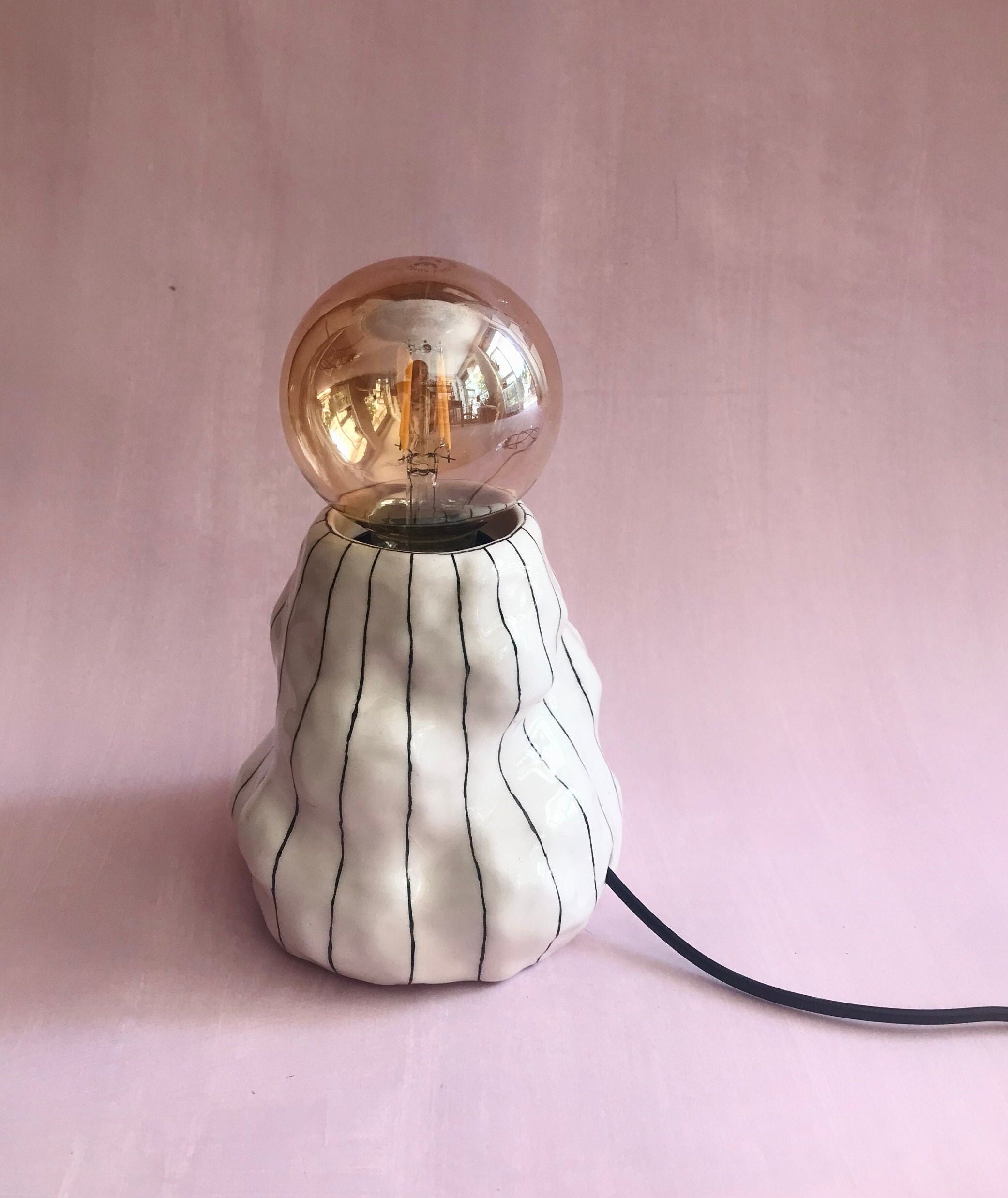 Ceramic Table Lamp, Small Bohemian Bedside Lamp, Sculptural Organic Form Lighting, Striped Pattern Home Decor Object