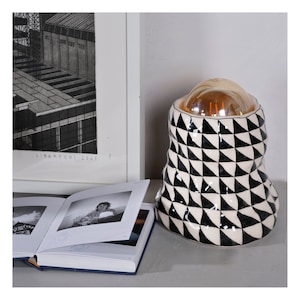 Geometric Pattern Ceramic Table Lamp, Bohemian Lighting, Black and White Hand Painted, Home Decor Object