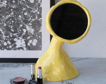 Modern Ceramic Tabletop Mirror in Yellow, Clay Home Decor Object, Decorative Mirror Sculpture, Contemporary Design