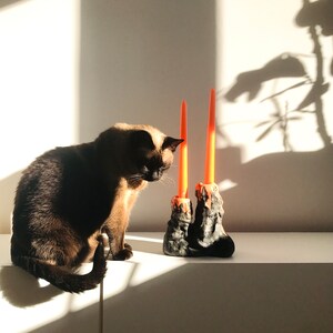 Ceramic Double Candle Holder, Melting Candelabra, Matte Black Glossy Orange Glaze, Modern Handmade Candlestick