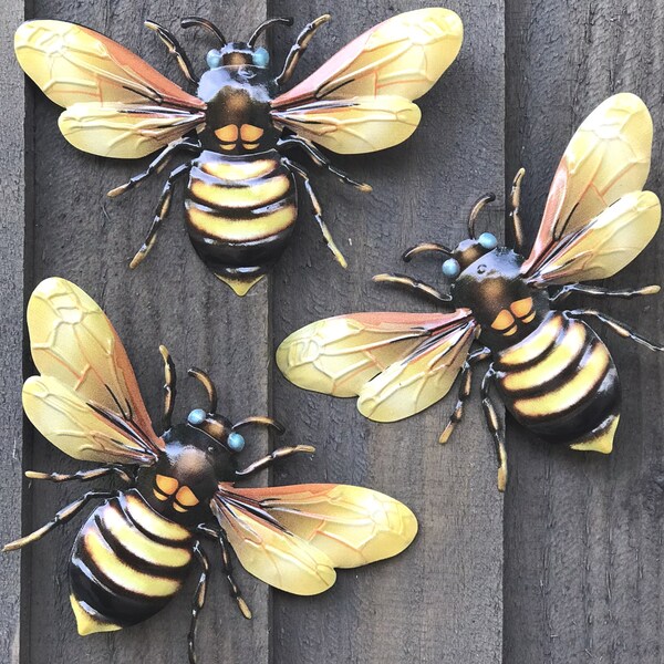 SET OF 3 x 18cm YELLOW metal Bees, bright colour garden decoration, novelty wall art Bee lover gift