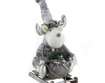 Reindeer on sleigh plush white & silver novelty Christmas festive decoration