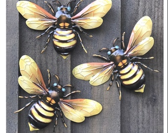 SET OF 3 x 18cm YELLOW metal Bees, bright colour garden decoration, novelty wall art Bee lover gift