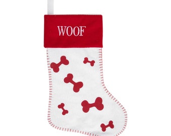 Dog Christmas Stocking 'woof' wording & bone design festive decoration novelty Dog lover gift