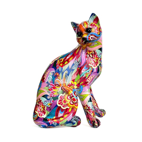 28cm Groovy Art Cat figurine, large bright coloured glossy finish ornament decoration, great cat lover gift