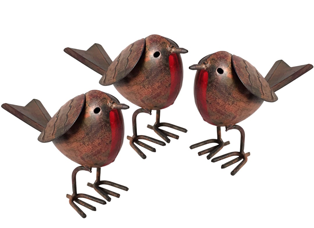 SET OF 3 Metal Tin ROBIN Garden Ornaments Hand Painted Indoor or