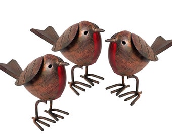 SET OF 3 metal tin ROBIN garden ornaments hand painted indoor or outdoor decorations, great bird lover gift